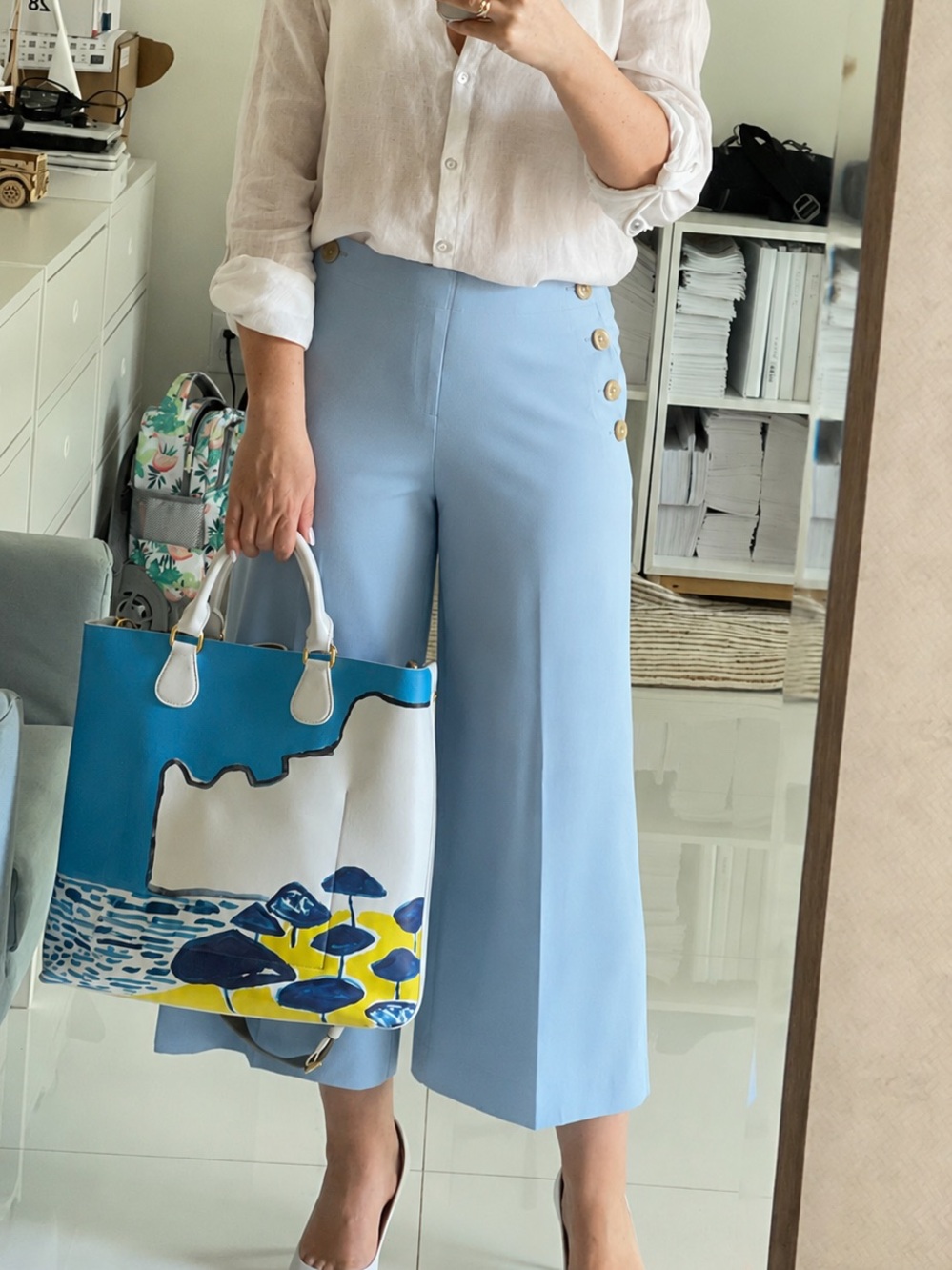 Ann Taylor Light Blue Wide-Leg High-Rise Pants with Side Buttons 8